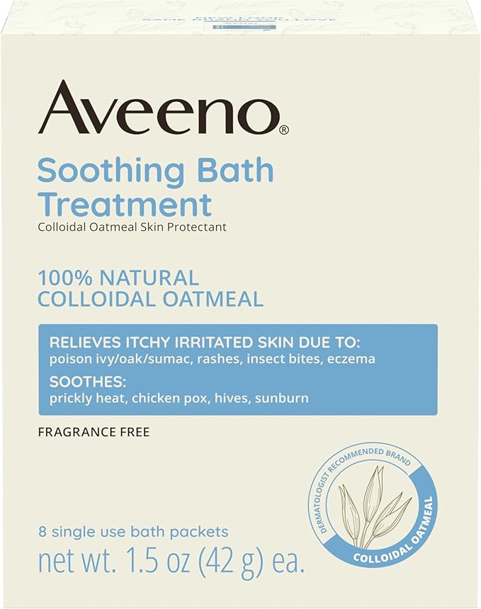 Aveeno Fragrance Free Soothing Bath Treatment, 100% Natural Colloidal Oatmeal, Sensitive Skin Bath Soak for Relief of Dry, Itchy, Irritated Skin Due to Eczema & Hives, Bath Packets, 8 ct. - Image 2